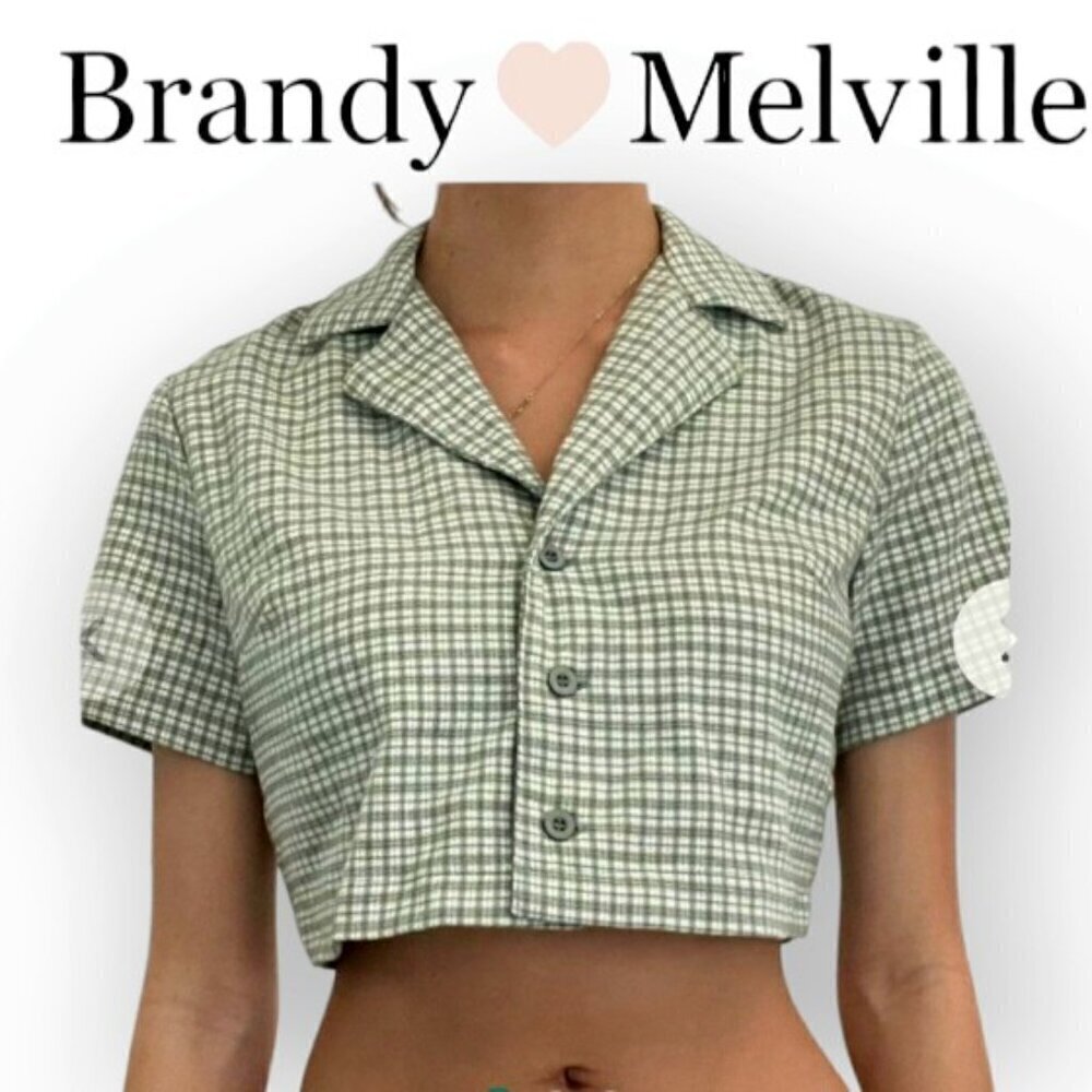 Brandy Melville John Galt Green White Gingham Collared Crop Top XS S Vivian Styl